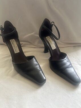 Carollini Black Leather Ankle-Strap Pointed Pumps